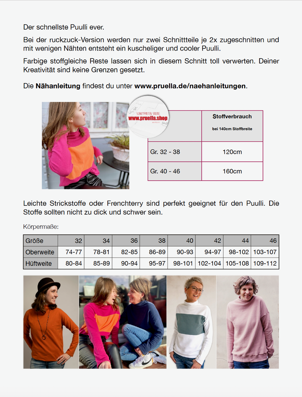 Papierschnitt Puulli von Prülla für Damen – schnell genähter Pullover mit lockerer Passform, ideal für French Terry, Strick und kreative Stoffkombinationen.