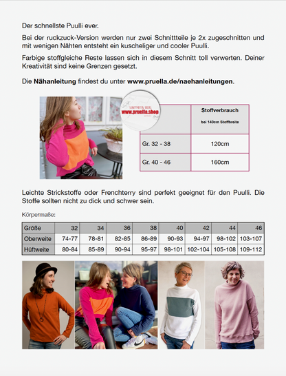 Papierschnitt Puulli von Prülla für Damen – schnell genähter Pullover mit lockerer Passform, ideal für French Terry, Strick und kreative Stoffkombinationen.
