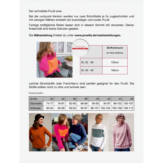 Papierschnitt Puulli von Prülla für Damen – schnell genähter Pullover mit lockerer Passform, ideal für French Terry, Strick und kreative Stoffkombinationen.