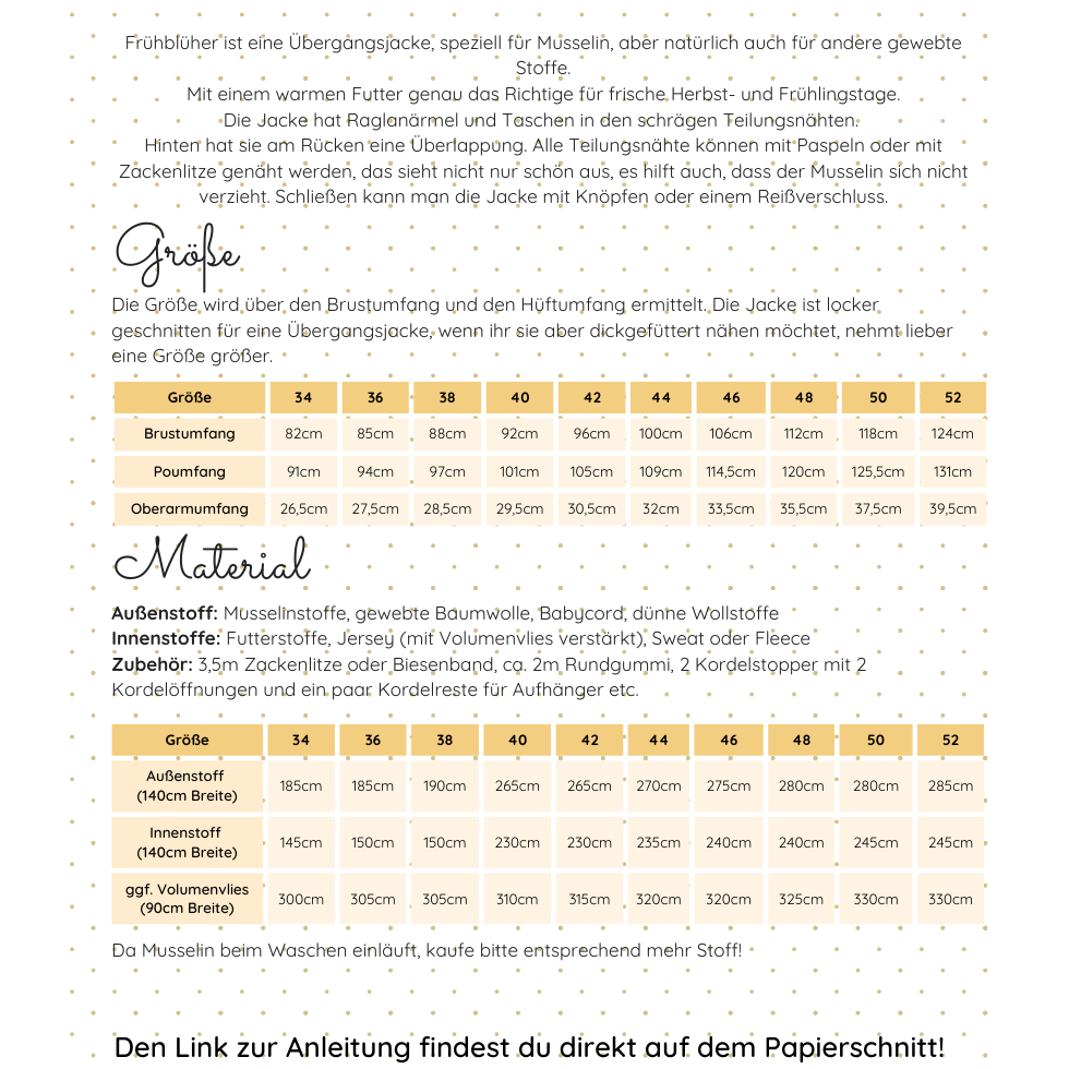 Schnittmuster Frühblüher Übergangsjacke mit Raglanärmeln, Teilungsnähten und Taschen für Musselin und Webstoffe