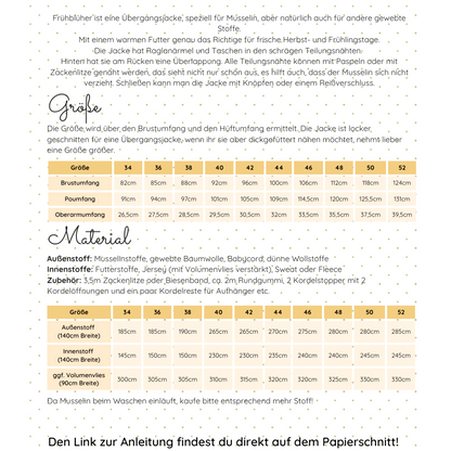 Schnittmuster Frühblüher Übergangsjacke mit Raglanärmeln, Teilungsnähten und Taschen für Musselin und Webstoffe