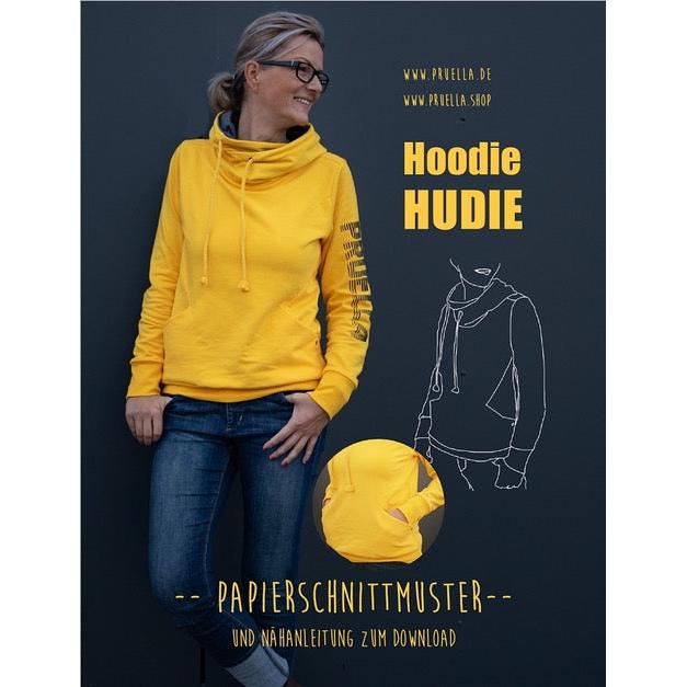 Papierschnittmuster Hudie – Hoodie und Hoodiekleid mit großer Kapuze und Eingrifftaschen.