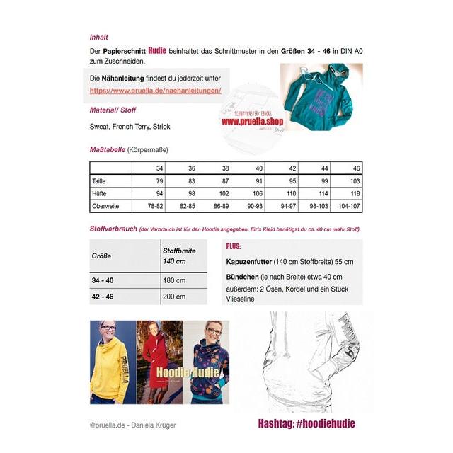 Papierschnittmuster Hudie – Hoodie und Hoodiekleid mit großer Kapuze und Eingrifftaschen.