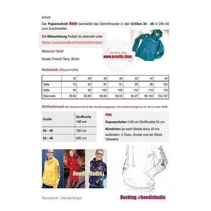 Papierschnittmuster Hudie – Hoodie und Hoodiekleid mit großer Kapuze und Eingrifftaschen.