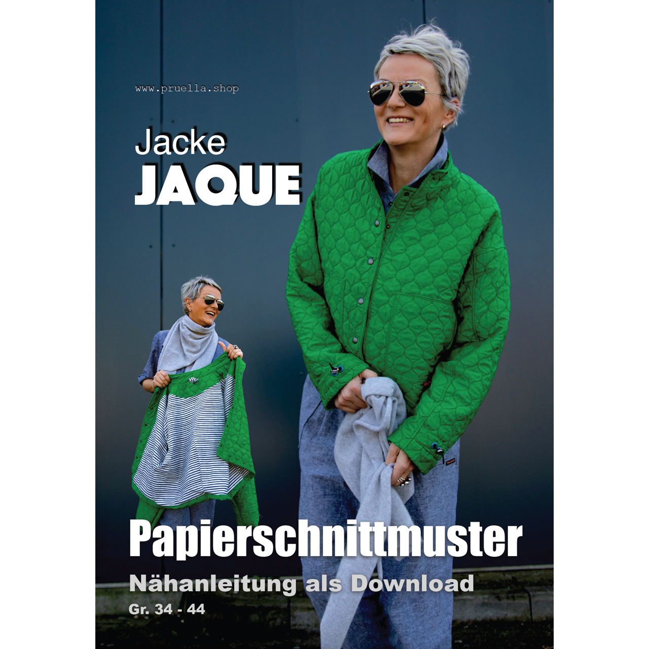 Papierschnittmuster Jaque von Prülla für eine moderne Oversize-Jacke mit Stehkragen oder optionaler Kapuze in den Größen 34 bis 44.