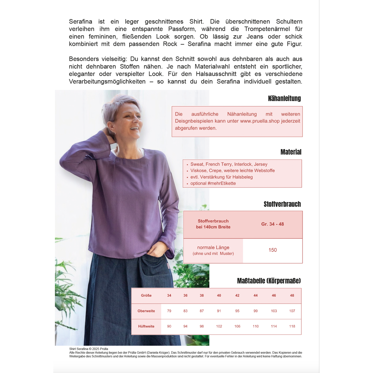 Papierschnittmuster Serafina – lockeres Damenshirt mit Trompetenärmeln in den Größen 34 bis 48.