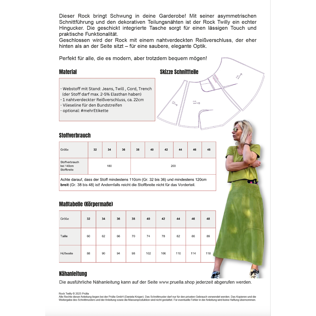 Papierschnittmuster Twilly – asymmetrischer Damenrock mit Tasche in den Größen 32 bis 48.