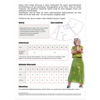 Papierschnittmuster Twilly – asymmetrischer Damenrock mit Tasche in den Größen 32 bis 48.
