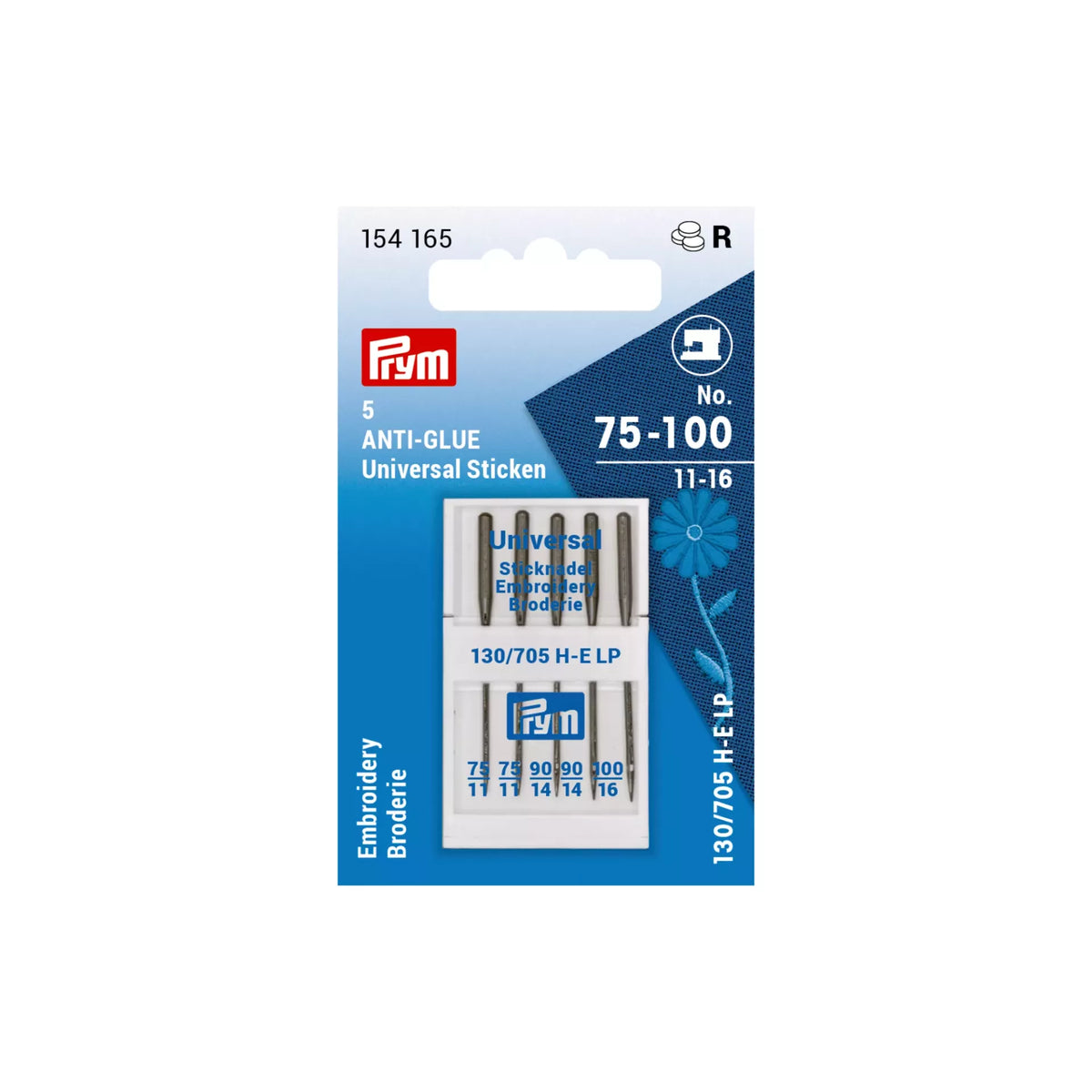 Prym ANTI-GLUE Nähmaschinennadeln Nr. 75–100 mit Antihaftbeschichtung, Packung mit 5 Stück, Artikelnummer 154165.