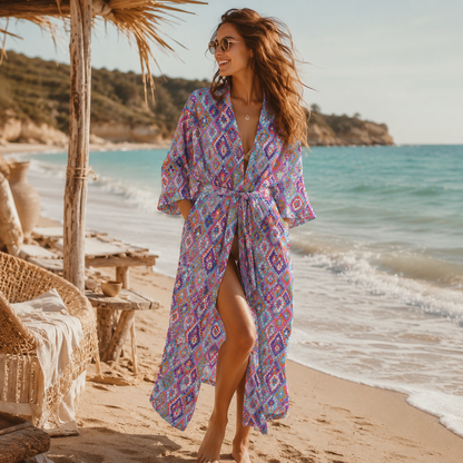 Leichte Radiance-Viskose mit farbenfrohem Boho-Aztec-Muster in Türkis, Flieder, Pink und Koralle – ideal für sommerliche Kleidung.