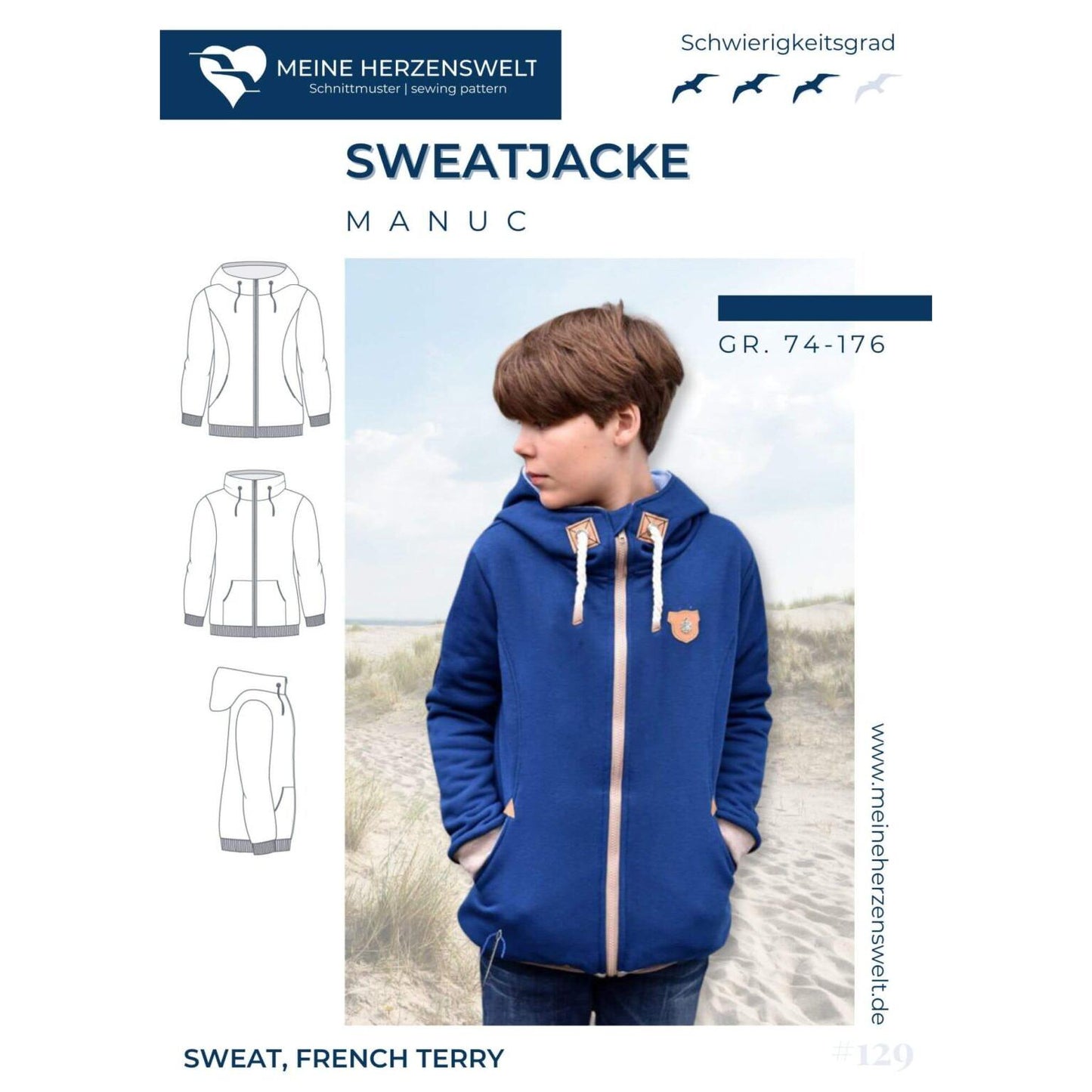 Schnittmuster Manuc Kinder Sweatjacke mit Kapuze oder Kragen und Taschen Größe 74 bis 176