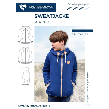 Schnittmuster Manuc Kinder Sweatjacke mit Kapuze oder Kragen und Taschen Größe 74 bis 176
