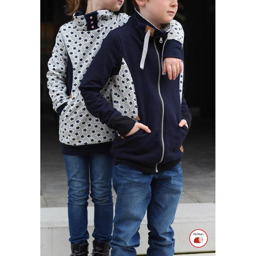 Schnittmuster Manuc Kinder Sweatjacke mit Kapuze oder Kragen und Taschen Größe 74 bis 176