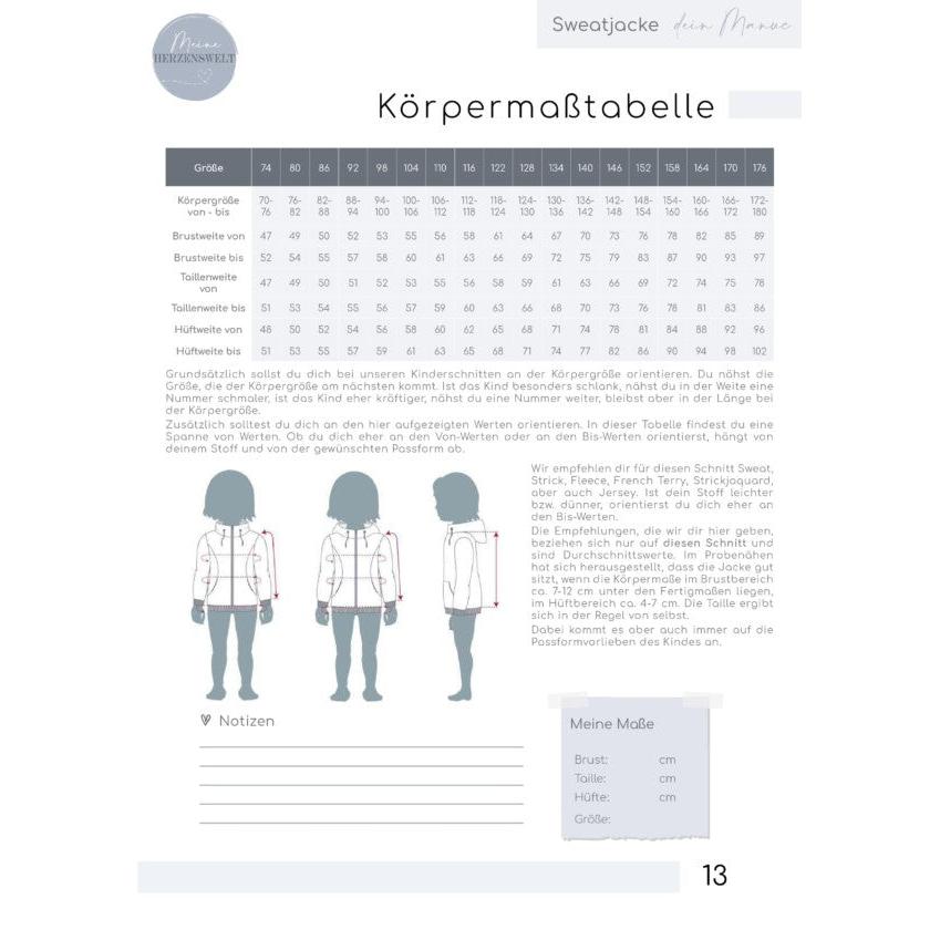 Schnittmuster Manuc Kinder Sweatjacke mit Kapuze oder Kragen und Taschen Größe 74 bis 176