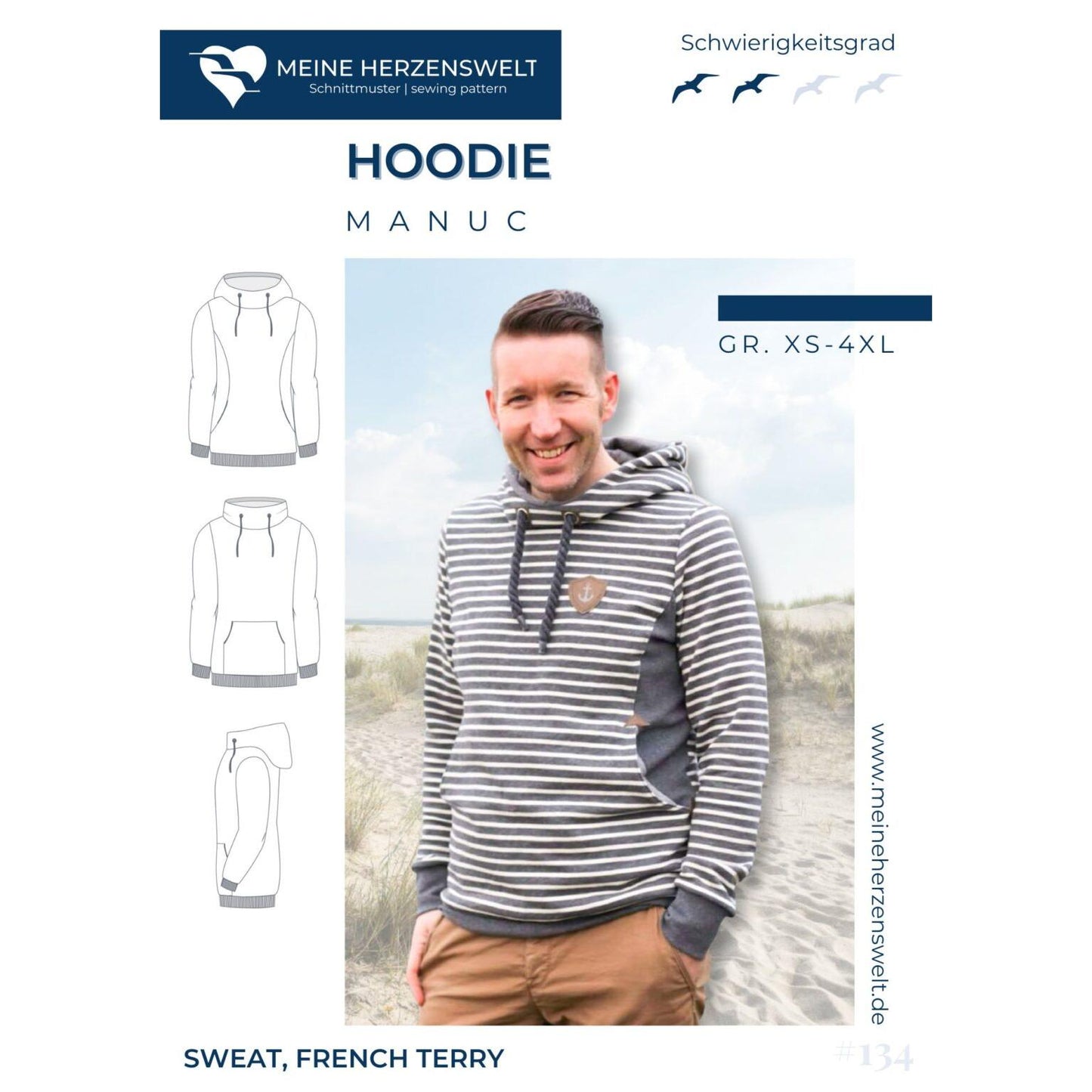 Schnittmuster Manuc Hoodie Herren mit Kapuze oder Kragen und Taschen Größe XS bis 4XL