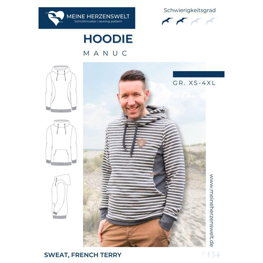 Schnittmuster Manuc Hoodie Herren mit Kapuze oder Kragen und Taschen Größe XS bis 4XL