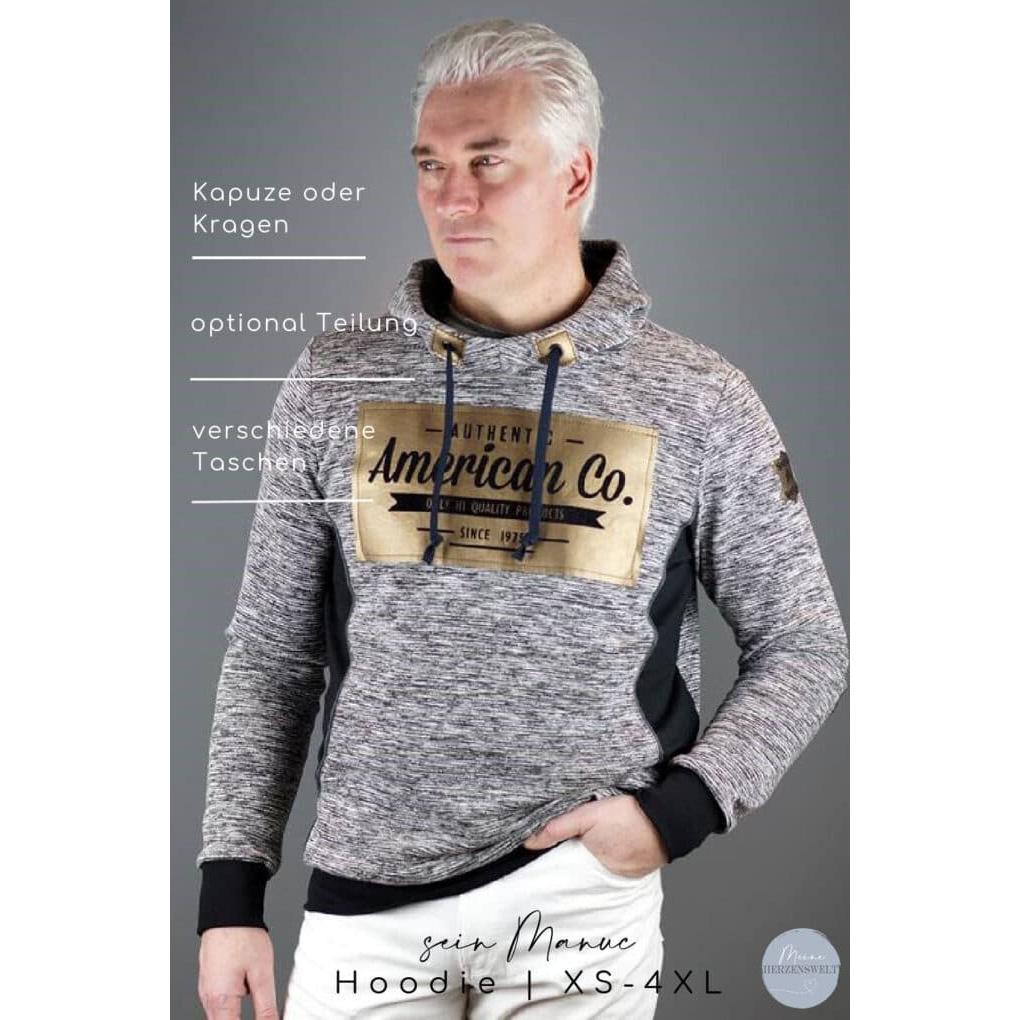 Schnittmuster Manuc Hoodie Herren mit Kapuze oder Kragen und Taschen Größe XS bis 4XL
