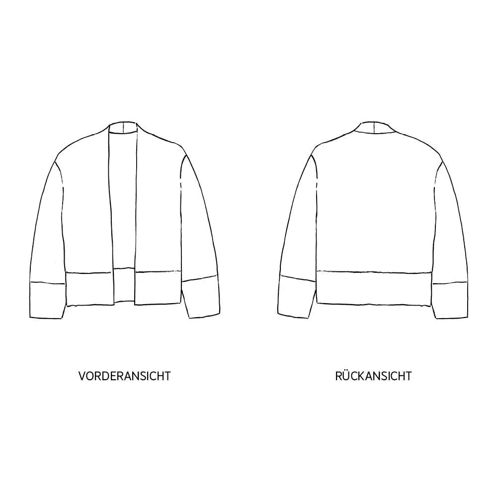 Cardigan FRAU TILDA, Papierschnitt für Damen in XS bis XXL, mit angeschnittenem Kragen, breiten Bündchen und offener Form ohne Verschluss.