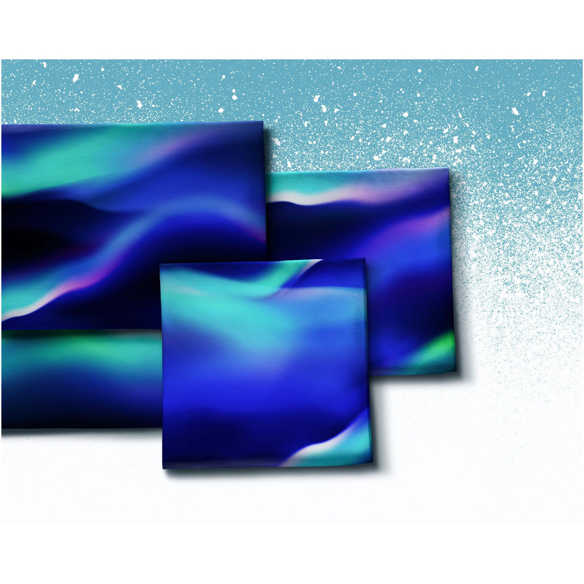 Blauer Swafing Softsweat On The Rocks by Thorsten Berger mit abstraktem Polarlicht-Muster in Blau, Türkis, Grün und Violett