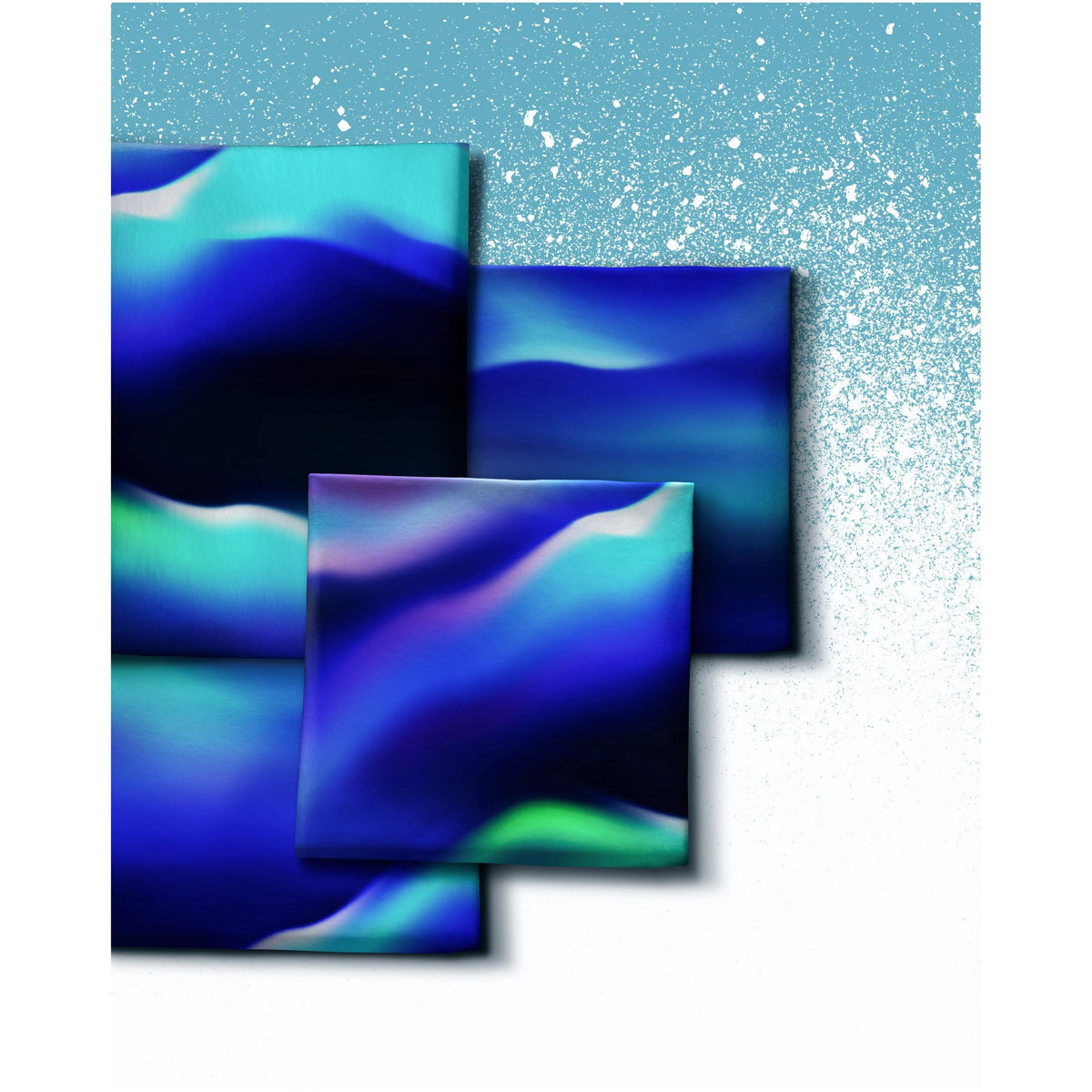 Blauer Swafing Softsweat On The Rocks by Thorsten Berger mit abstraktem Polarlicht-Muster in Blau, Türkis, Grün und Violett