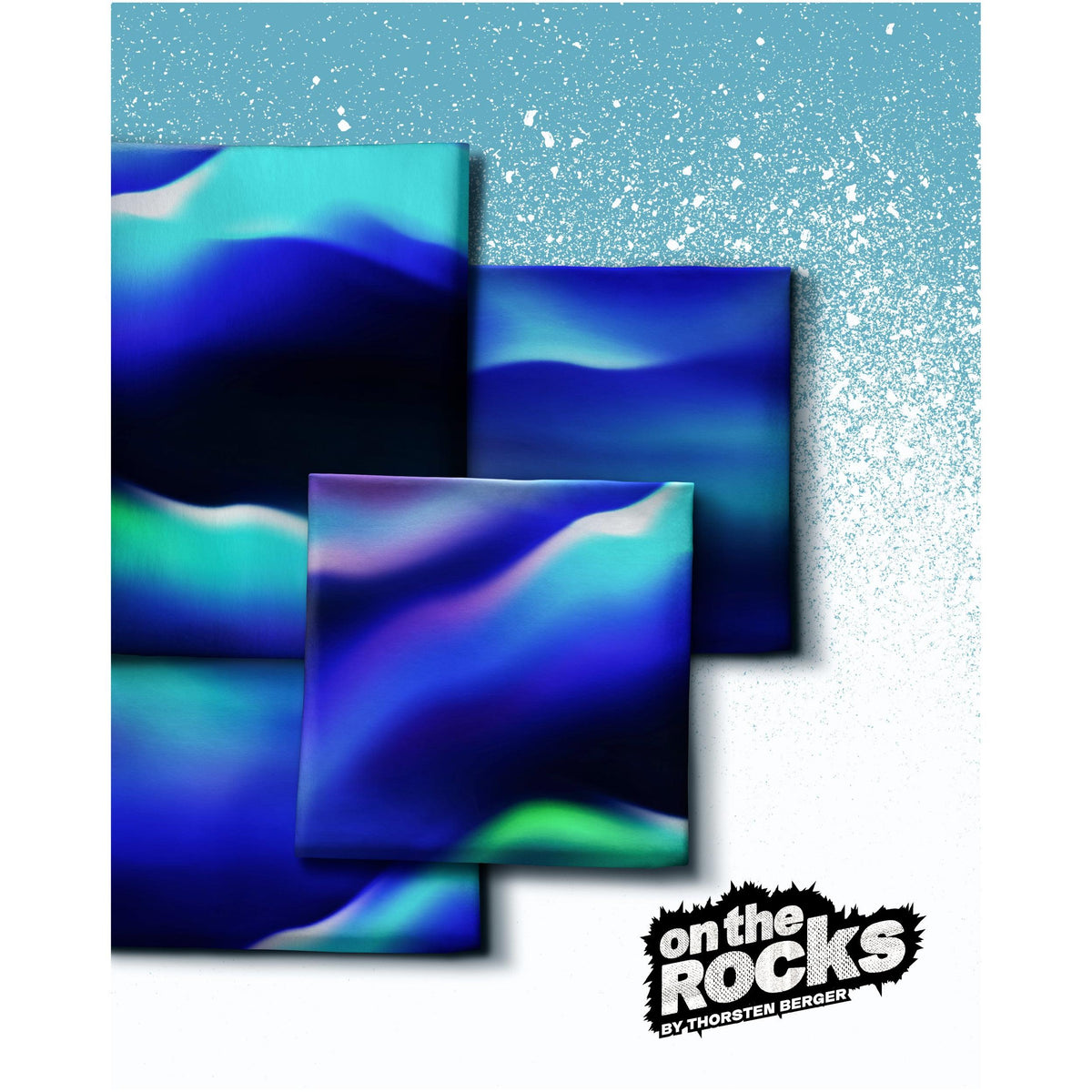 Blauer Swafing Softsweat On The Rocks by Thorsten Berger mit abstraktem Polarlicht-Muster in Blau, Türkis, Grün und Violett