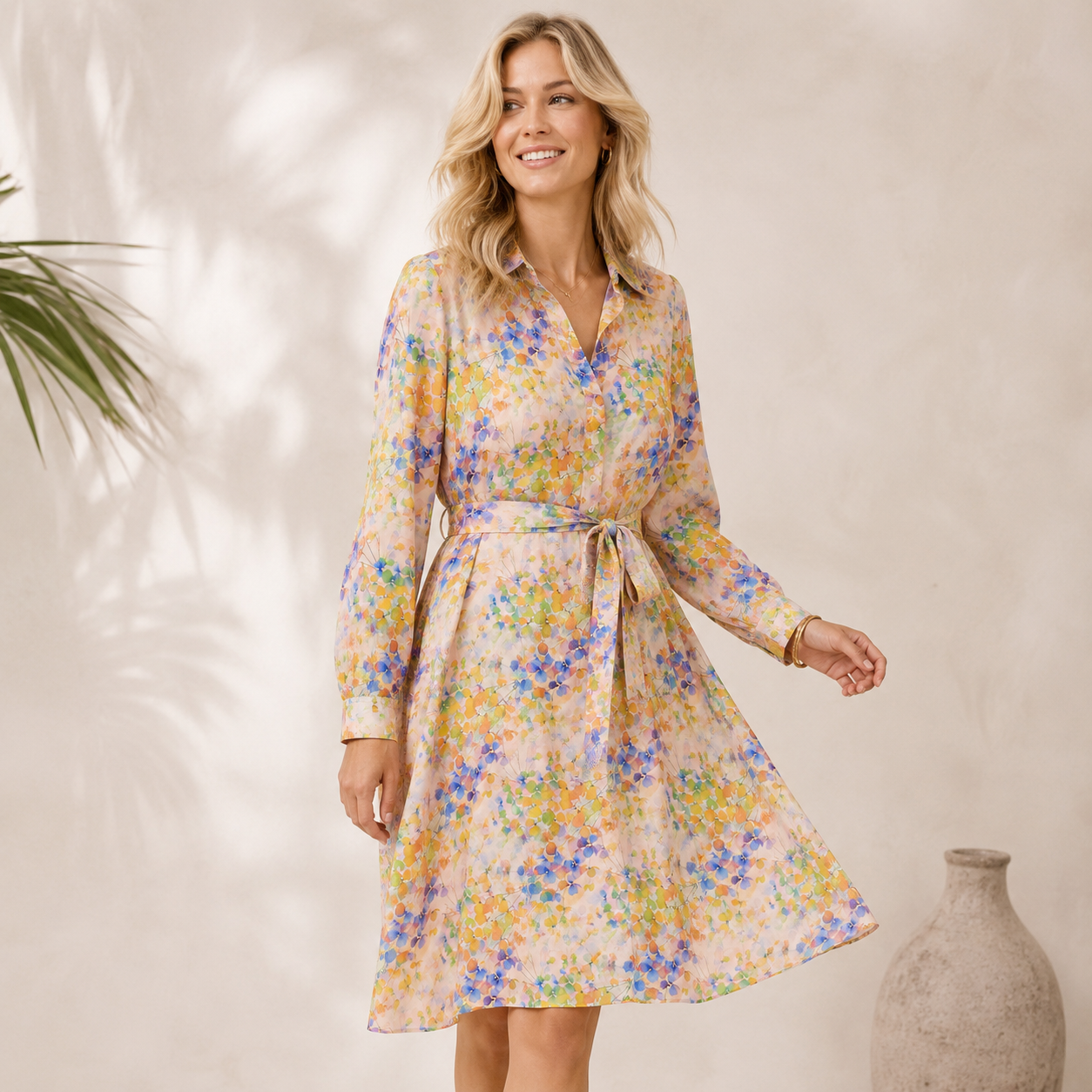 Leichte Radiance Viskose mit farbenfrohem Blätter-Digitalprint in Blau, Gelb, Grün und Apricot – ideal für sommerliche Kleidung.