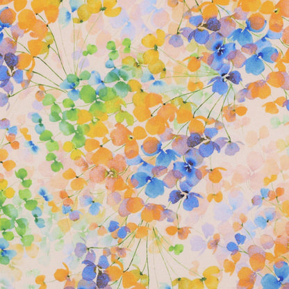 Leichte Radiance Viskose mit farbenfrohem Blätter-Digitalprint in Blau, Gelb, Grün und Apricot – ideal für sommerliche Kleidung.