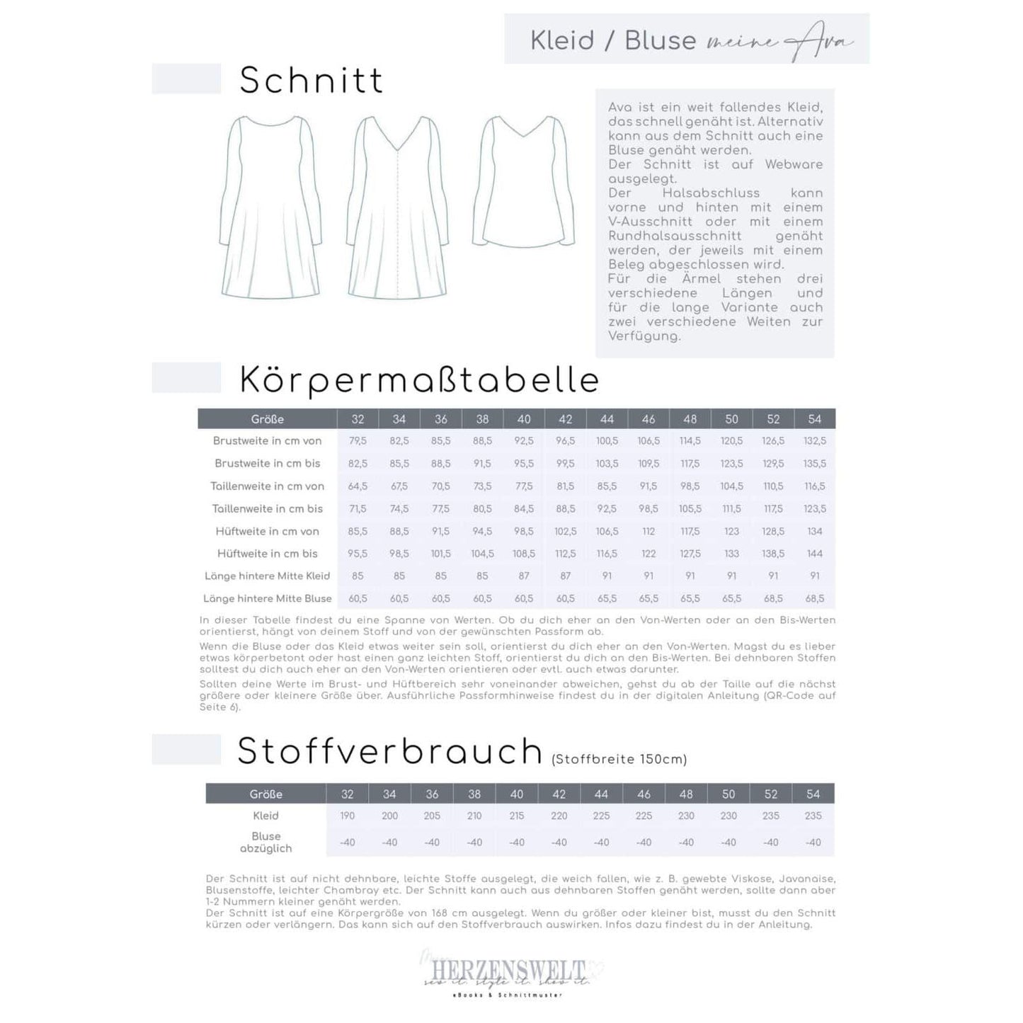 Kleid/Bluse Damen - Papierschnittmuster Gr. 32-54 - Ava