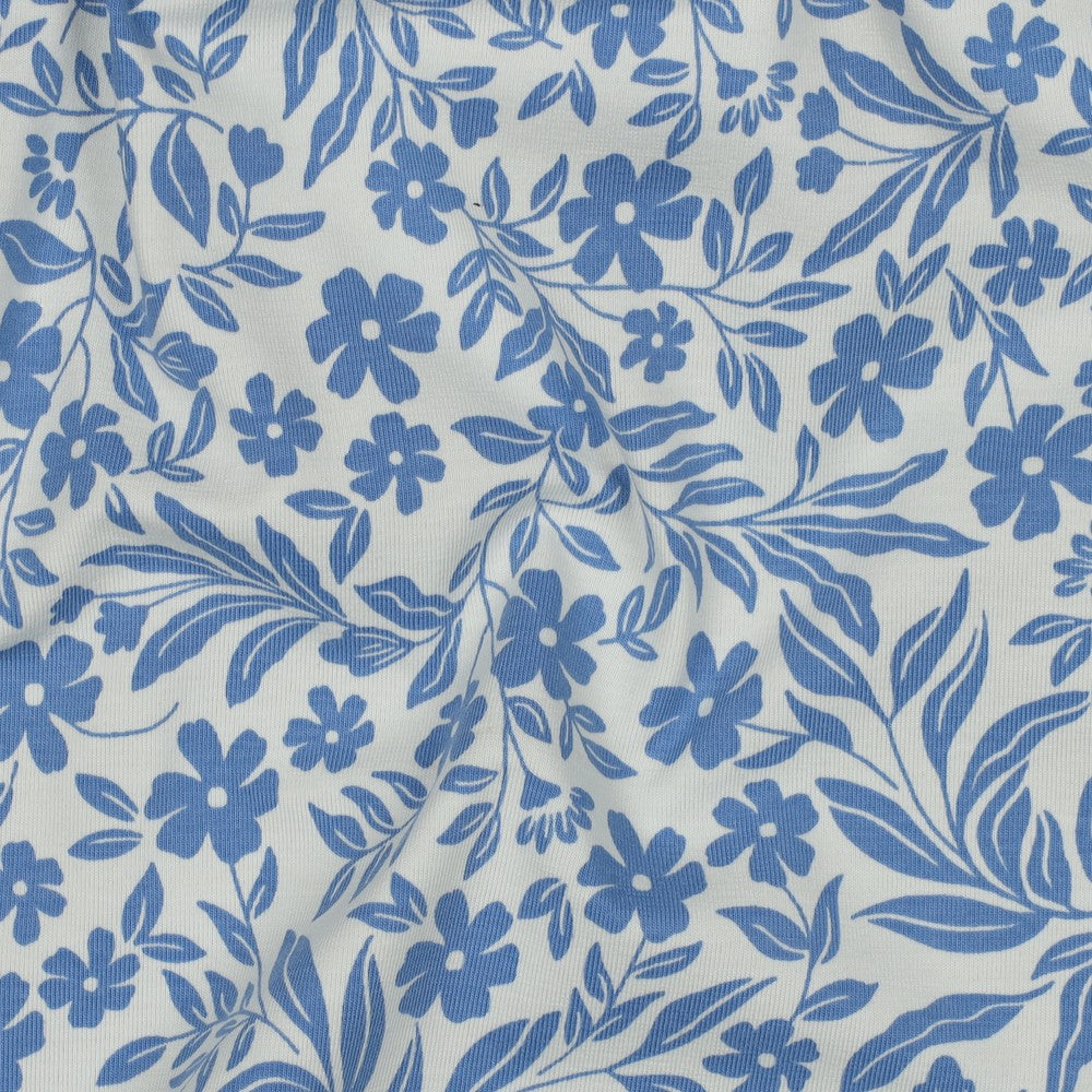 Baumwolljersey Blumen Blau-Weiß – weich & elastisch