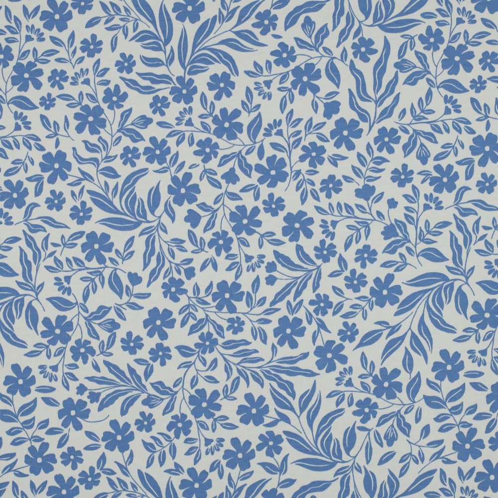Baumwolljersey Blumen Blau-Weiß – weich & elastisch