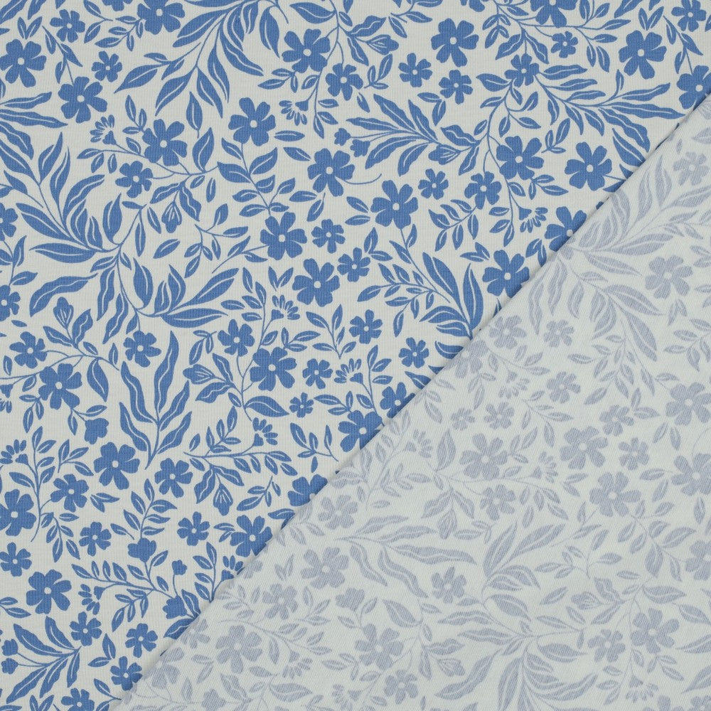 Baumwolljersey Blumen Blau-Weiß – weich & elastisch