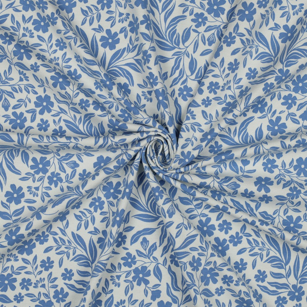 Baumwolljersey Blumen Blau-Weiß – weich & elastisch