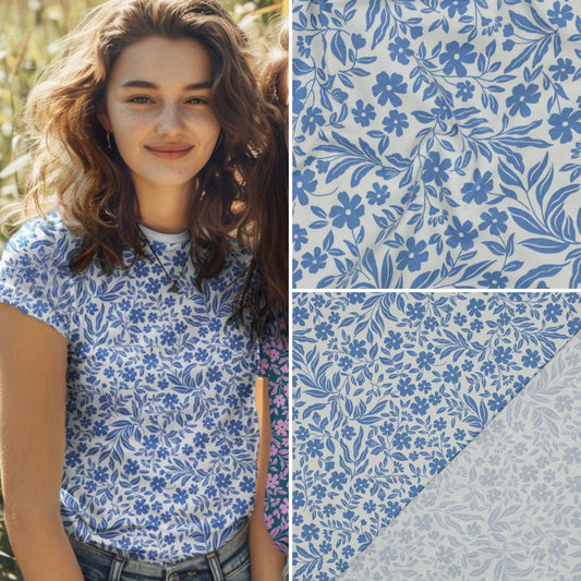 Baumwolljersey Blumen Blau-Weiß – weich & elastisch