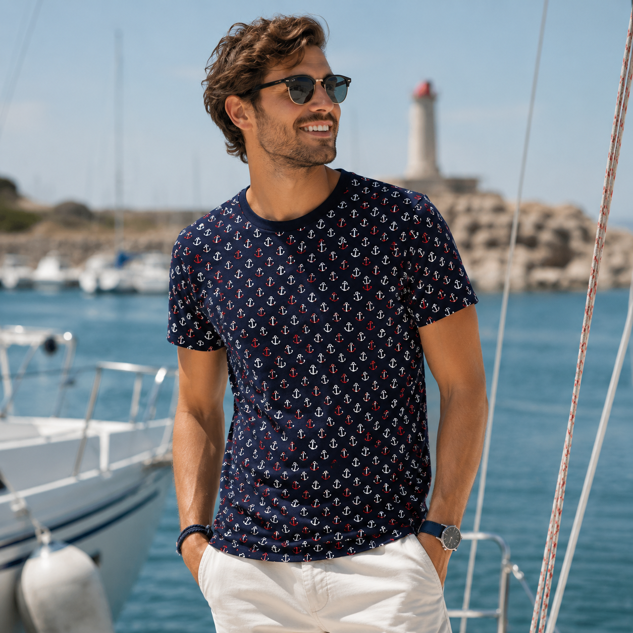 Baumwolljersey maritim mit Ankern