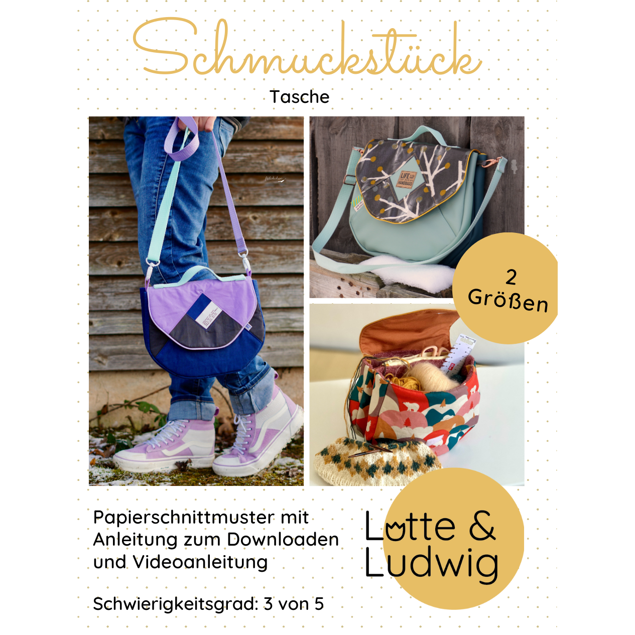 Papierschnittmuster für Handtasche Schmuckstück von Lotte und Ludwig mit Innenfächern und Klappe