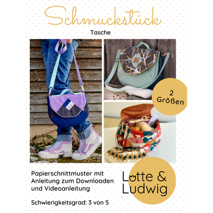 Papierschnittmuster für Handtasche Schmuckstück von Lotte und Ludwig mit Innenfächern und Klappe