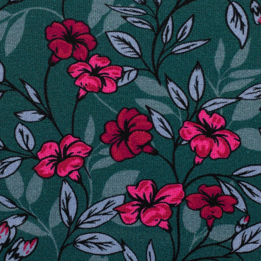 Modal French Terry „Kairo – pinke Blüten auf Petrol“