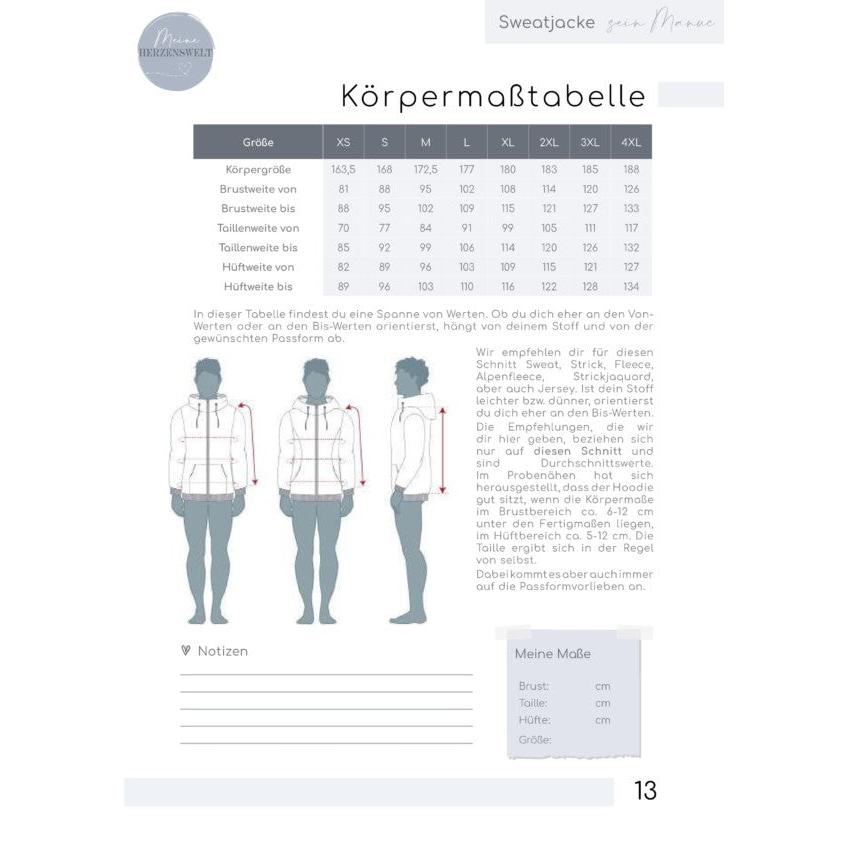 Sweatjacke Herren - Papierschnittmuster Gr. XS - 4XL- sein Manuc