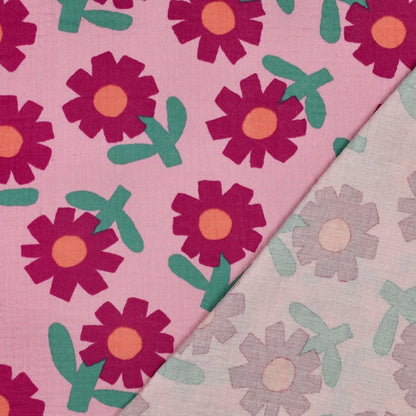 Musselin Stoff mit Blumen auf rosa Grund von Jennifer Bouron, GOTS Baumwolle leicht und weich für Kleidung