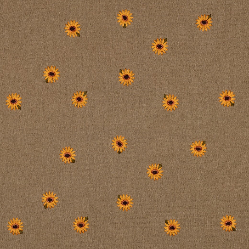 Sommerlicher Musselin in sandfarben mit hochwertig gestickten Sonnenblumen 