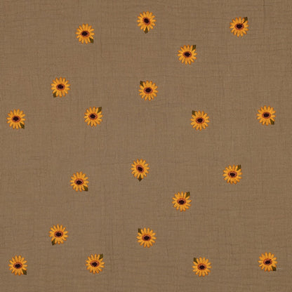 Sommerlicher Musselin in sandfarben mit hochwertig gestickten Sonnenblumen 