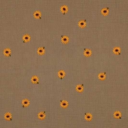 Sommerlicher Musselin in sandfarben mit hochwertig gestickten Sonnenblumen 