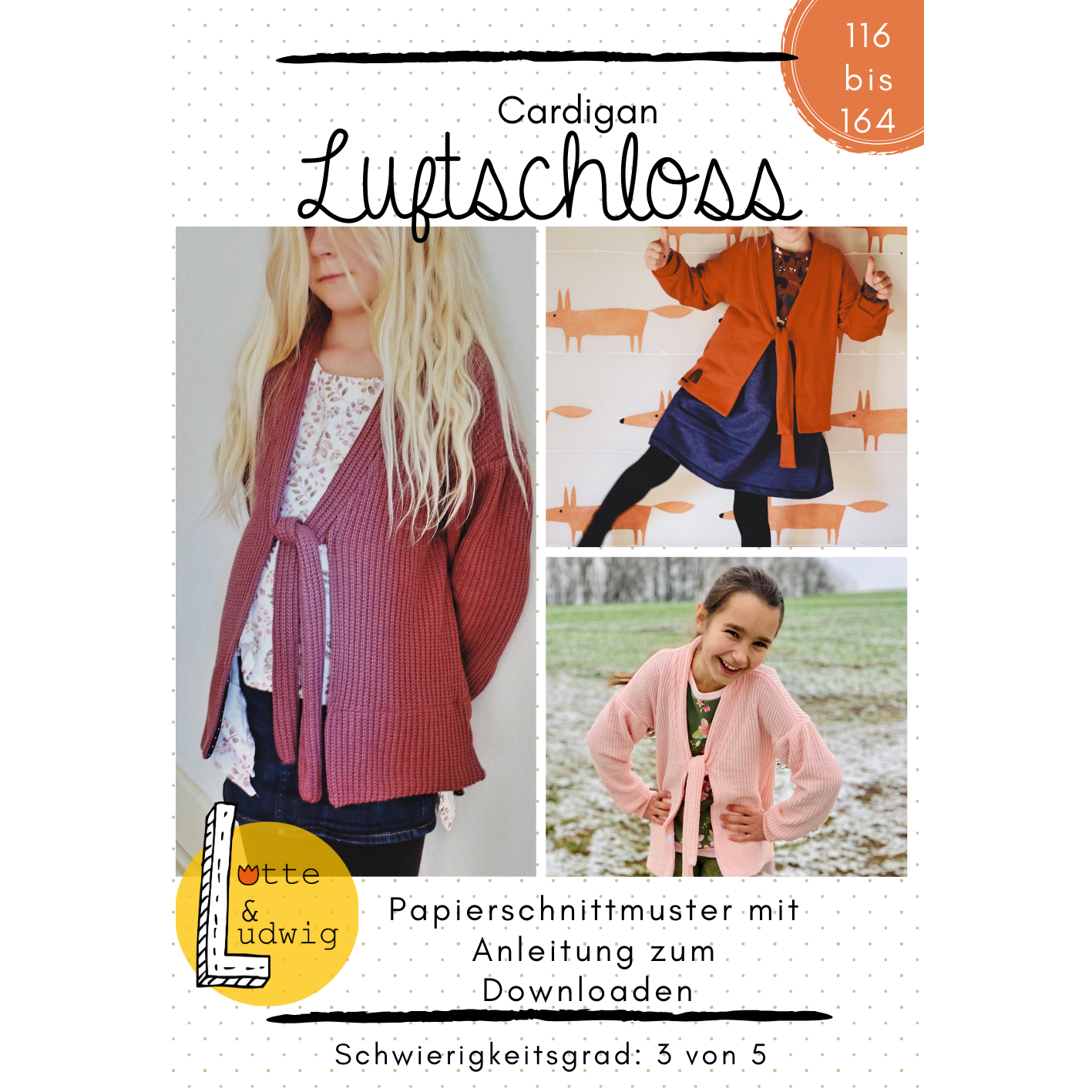 Der Cardigan namens Luftschloss von Lotte&Ludwig ist mit seiner im kragen integrierten Bindebändern ein echter Hingucker. geeignet für Strickstoffe