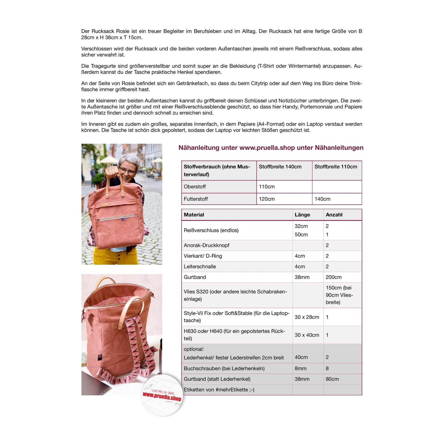 Papierschnittmuster Rucksack "Rosie"- Prülla
