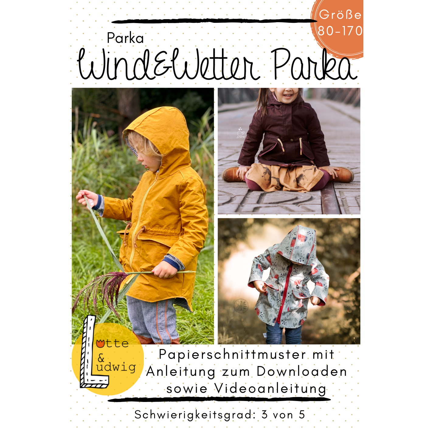 Schnittmuster Wind und Wetter Parka Kinder Jacke mit verschiedenen Taschen und variabler Länge