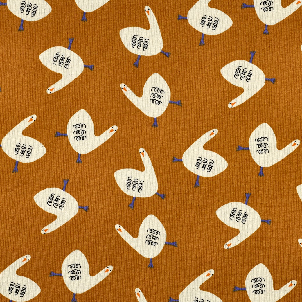 Rib Jersey Gänse GOTS von Jennifer Bouron in klarem Retro Design, elastischer Baumwollstoff für moderne Kleidung