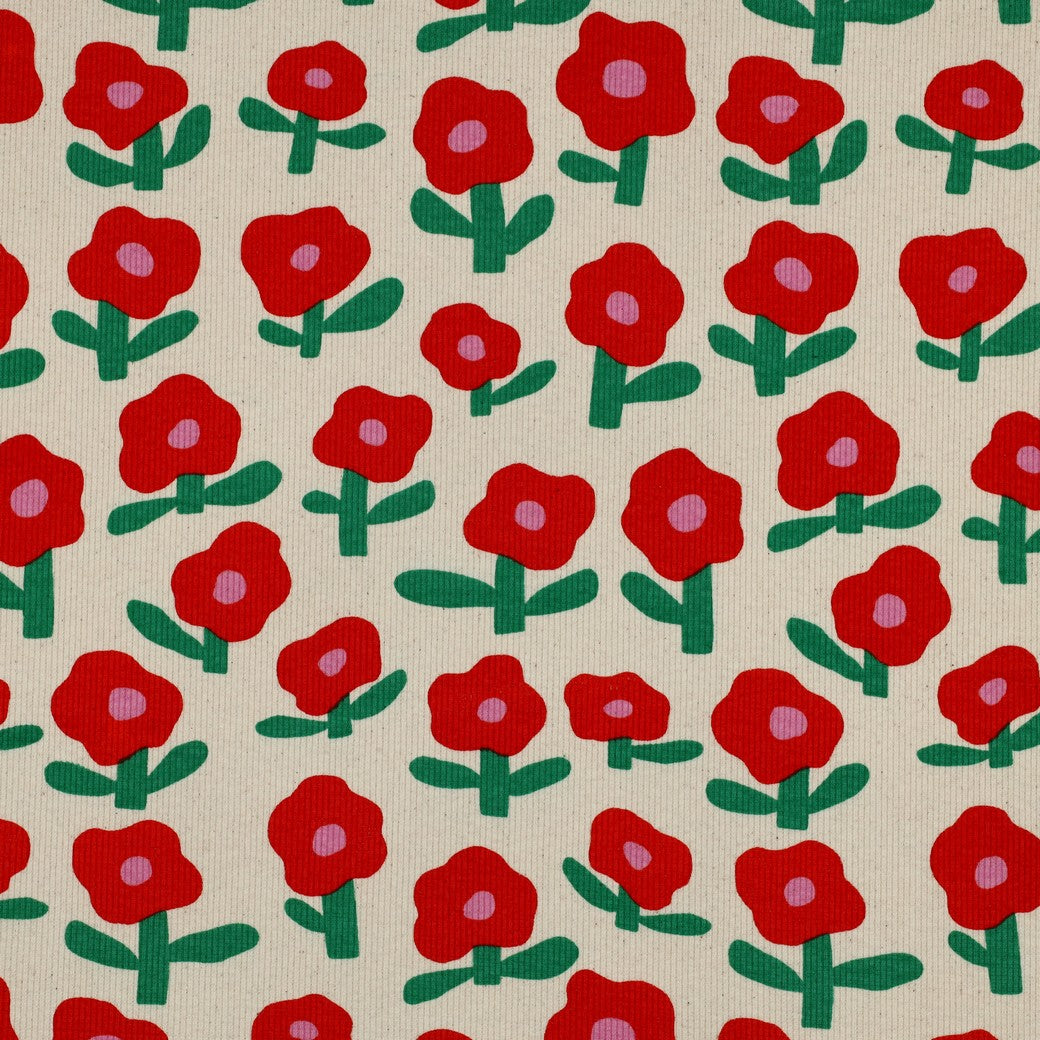 Rib Jersey Retro Blumen GOTS von Jennifer Bouron, elastischer Baumwollstoff mit grafischem Blumenmuster