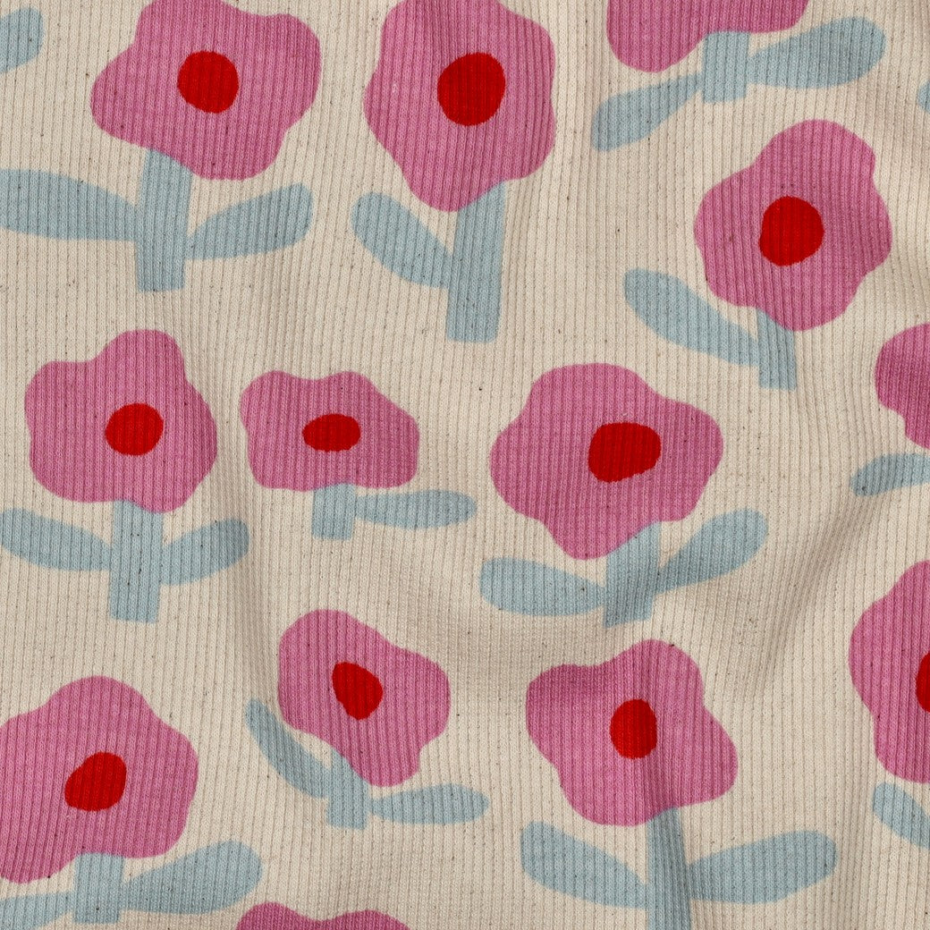 Rib Jersey Retro Blumen GOTS von Jennifer Bouron, elastischer Baumwollstoff mit grafischem Blumenmuster