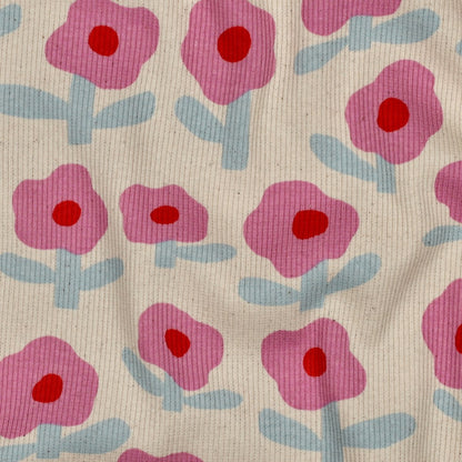 Rib Jersey Retro Blumen GOTS von Jennifer Bouron, elastischer Baumwollstoff mit grafischem Blumenmuster