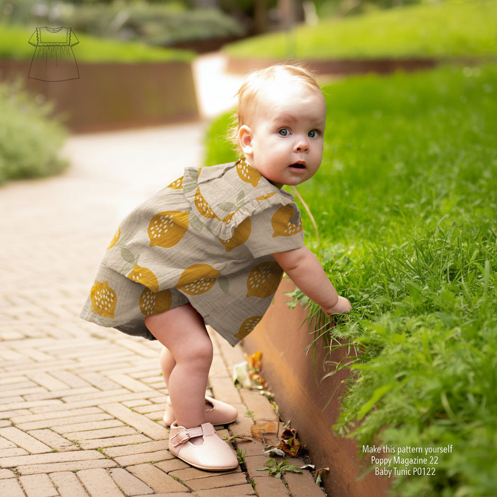 Weicher Baumwoll-Musselin mit sonnigem Zitronenprint auf naturfarbenem Hintergrund – ideal für sommerliche Kleidung und Babyprojekte.